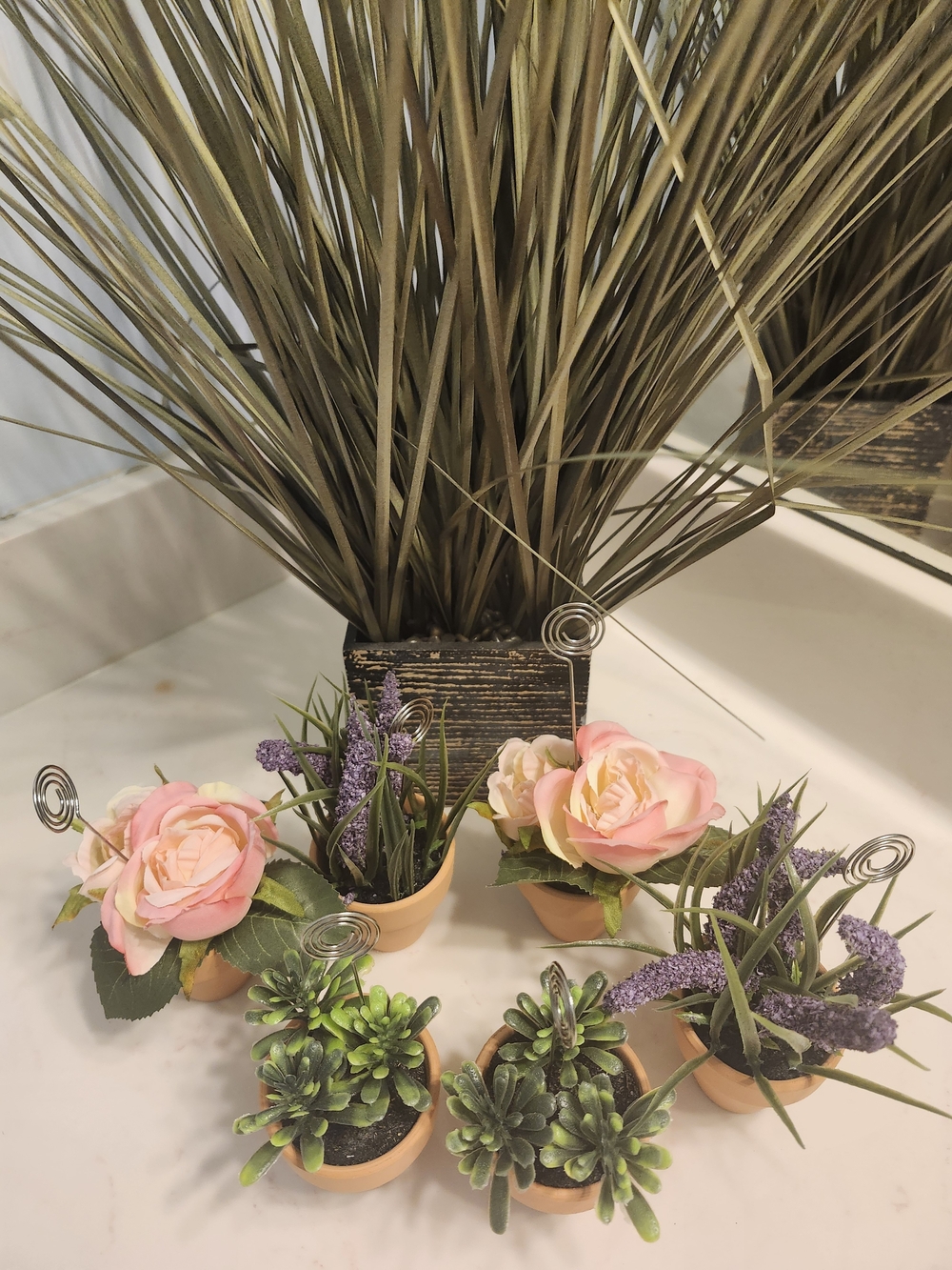 6 Miniture Artificial Pink Rose & Greenery Arrangements- Home Accents